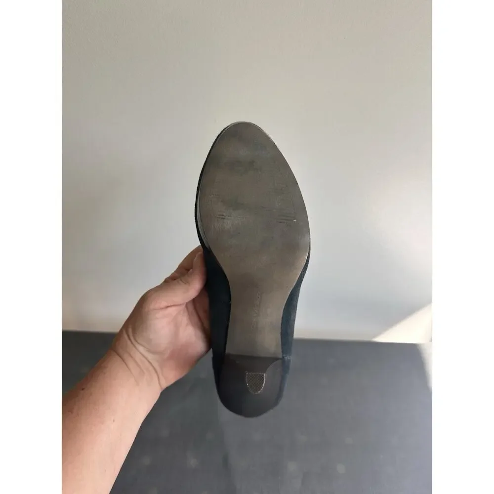 Vintage Calvin Klein Size 8 Blue Suede Heels Platform Toe Slip On Stiletto